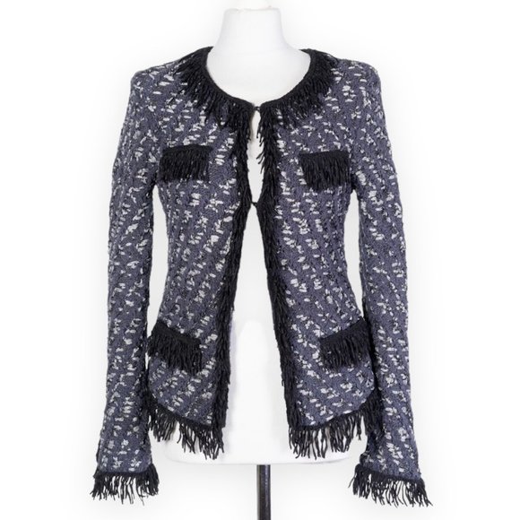 Maje Tweed Cardigan Sweater Jacket Blazer Woven Gray Metallic Fringe Size 2 - Picture 14 of 14